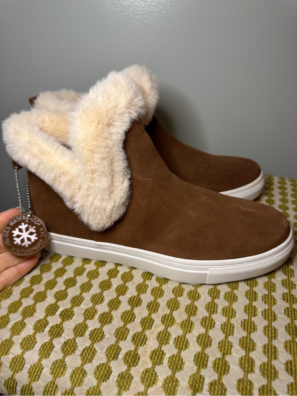 J Slides Brown Faux Fur-Trim Waterproof Slip-On Winter Boot
